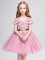 Scoop Short Sleeves Flower Girl Dresses for Less Mini Length Lace and Belt Pink Tulle