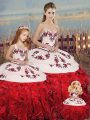 Designer Sweetheart Sleeveless Lace Up Quince Ball Gowns White And Red Organza