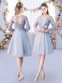 Grey Tulle Lace Up Vestidos de Damas Long Sleeves Knee Length Lace and Belt