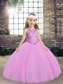 Excellent Sleeveless Floor Length Beading Lace Up Kids Pageant Dress with Lilac