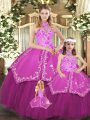 Shining Floor Length Fuchsia Sweet 16 Dress Satin and Tulle Sleeveless Embroidery