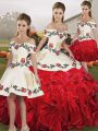 White And Red Ball Gowns Embroidery and Ruffles Ball Gown Prom Dress Lace Up Organza Sleeveless Floor Length