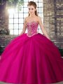 Fuchsia Sweetheart Lace Up Beading and Pick Ups Ball Gown Prom Dress Brush Train Sleeveless