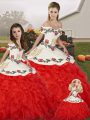 Superior Off The Shoulder Sleeveless Quinceanera Dress Floor Length Embroidery and Ruffles White And Red Organza