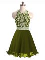 Captivating Olive Green Lace Up Prom Dresses Beading Sleeveless Mini Length
