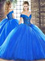 Royal Blue Lace Up Off The Shoulder Beading Sweet 16 Dress Organza Sleeveless Brush Train