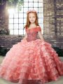Watermelon Red Organza Lace Up Pageant Gowns For Girls Sleeveless Brush Train Beading and Ruffled Layers