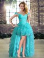 Low Price High Low Lace Up Evening Dress Aqua Blue for Prom and Party with Beading and Ruffles