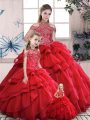 Sweet Sleeveless Organza Floor Length Lace Up Quinceanera Dresses in Red with Beading and Ruffles