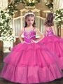Lilac Straps Lace Up Beading and Ruffled Layers Pageant Gowns For Girls Sleeveless
