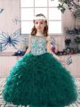 Peacock Green Sleeveless Floor Length Beading and Ruffles Lace Up Pageant Dress for Womens