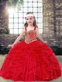 Floor Length Red Girls Pageant Dresses Tulle Sleeveless Beading and Ruffles