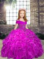 Floor Length Fuchsia Pageant Gowns For Girls Organza Sleeveless Beading and Ruffles