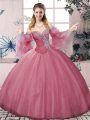 Fitting Floor Length Lace Up Ball Gown Prom Dress Pink for Sweet 16 and Quinceanera with Beading and Ruching