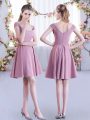 Latest Straps Cap Sleeves Dama Dress for Quinceanera Mini Length Ruching Pink Chiffon