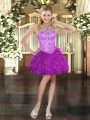 Suitable Purple Lace Up Halter Top Beading and Ruffles Homecoming Dress Tulle Sleeveless
