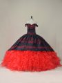 Designer Red And Black Ball Gowns Off The Shoulder Sleeveless Satin and Organza Brush Train Lace Up Embroidery and Ruffles Sweet 16 Dress