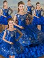 Satin Off The Shoulder Sleeveless Lace Up Embroidery and Ruffled Layers Quince Ball Gowns in Royal Blue