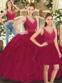 Captivating Red Ball Gowns V-neck Sleeveless Tulle Floor Length Lace Up Ruffles Sweet 16 Dress
