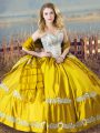 Ball Gowns Quince Ball Gowns Gold Sweetheart Satin Sleeveless Floor Length Lace Up