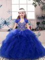 Royal Blue Straps Lace Up Beading and Ruffles Kids Formal Wear Sleeveless