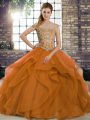 Gorgeous Sleeveless Tulle Brush Train Lace Up Quinceanera Gown in Orange with Beading and Ruffles