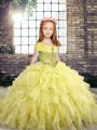 Amazing Yellow Organza Lace Up Straps Sleeveless Floor Length Little Girl Pageant Dress Beading and Ruffles