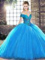 Best Blue Ball Gowns Organza Off The Shoulder Sleeveless Beading Lace Up Sweet 16 Dresses Brush Train