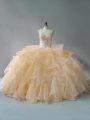 Sleeveless Organza Brush Train Lace Up Quince Ball Gowns in Gold with Beading and Ruffles