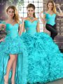 Clearance Aqua Blue Sleeveless Floor Length Beading and Ruffles Lace Up Sweet 16 Quinceanera Dress