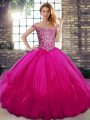 Sleeveless Floor Length Beading and Ruffles Lace Up Quinceanera Dresses with Fuchsia