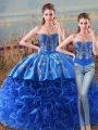 Royal Blue Ball Gown Prom Dress Fabric With Rolling Flowers Brush Train Sleeveless Embroidery and Ruffles