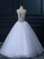 Pretty White Zipper Sweetheart Beading and Bowknot Wedding Gown Tulle Sleeveless