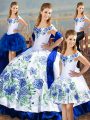 Classical Floor Length Lace Up Vestidos de Quinceanera Blue And White for Sweet 16 and Quinceanera with Embroidery and Ruffles