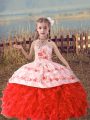 Coral Red Lace Up Child Pageant Dress Beading and Embroidery and Ruffles Sleeveless Floor Length