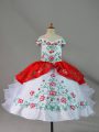 Amazing White And Red Satin and Organza Lace Up Little Girls Pageant Dress Sleeveless Floor Length Embroidery and Ruffles