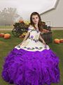 Sleeveless Organza Floor Length Lace Up Child Pageant Dress in Purple with Embroidery and Ruffles