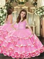 Floor Length Pink Little Girls Pageant Dress Wholesale Organza Sleeveless Beading and Ruffled Layers