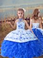 Sleeveless Floor Length Beading and Embroidery and Ruffles Lace Up Pageant Dress for Girls with Blue And White