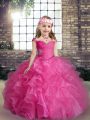 Floor Length Lace Up Little Girls Pageant Gowns Hot Pink for Party and Wedding Party with Beading and Ruffles
