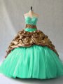 Elegant Turquoise Organza Lace Up V-neck Sleeveless Sweet 16 Dresses Brush Train Beading and Pick Ups