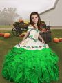 Green Ball Gowns Organza Straps Sleeveless Embroidery and Ruffles Floor Length Lace Up Little Girls Pageant Dress
