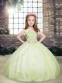 Yellow Green Lace Up Straps Beading Kids Formal Wear Tulle Sleeveless