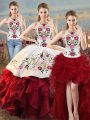 Embroidery and Ruffles Sweet 16 Dresses White And Red Lace Up Sleeveless Floor Length