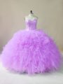 Lilac Ball Gowns Beading and Ruffles Quinceanera Dresses Lace Up Tulle Sleeveless Floor Length