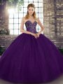 Purple Ball Gowns Sweetheart Sleeveless Tulle Floor Length Lace Up Beading Vestidos de Quinceanera