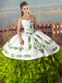 Free and Easy Sleeveless Satin and Organza Floor Length Lace Up Quinceanera Gowns in Olive Green with Embroidery and Ruffles