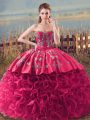 Beauteous Sweetheart Sleeveless Fabric With Rolling Flowers Quinceanera Dresses Embroidery and Ruffles Lace Up