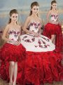 Customized Floor Length White And Red Ball Gown Prom Dress Organza Sleeveless Embroidery and Ruffles and Bowknot