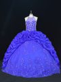 Royal Blue Taffeta Lace Up Halter Top Sleeveless Floor Length Sweet 16 Quinceanera Dress Beading and Appliques and Embroidery and Pick Ups